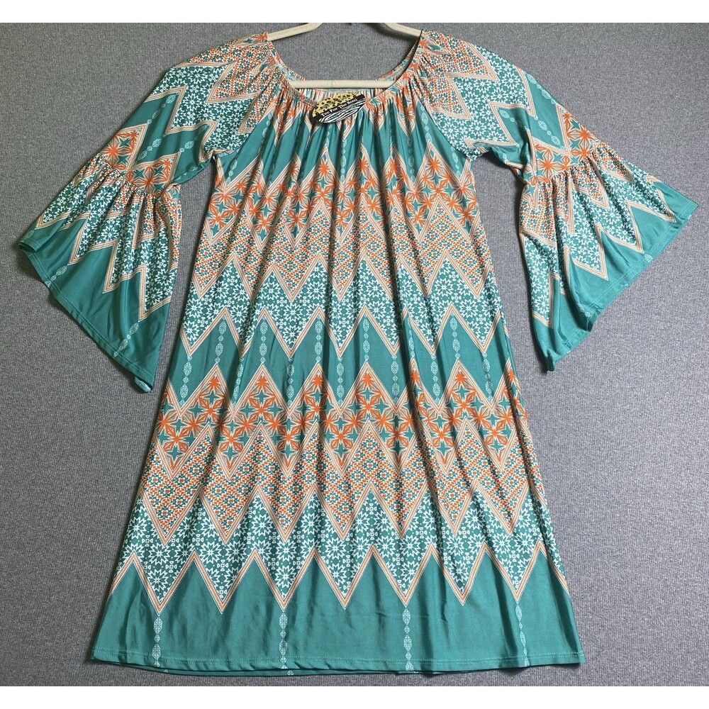 Tee For The Soul Tunic Dress Women Sz S Long Bell Sleeve Teal Colorful Print NEW